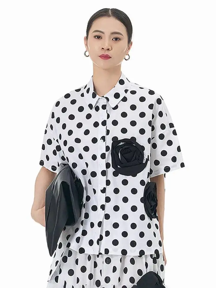 Mulheres preto listrado flor 3d tamanho grande blusa casual nova lapela camisa de manga curta moda maré primavera verão