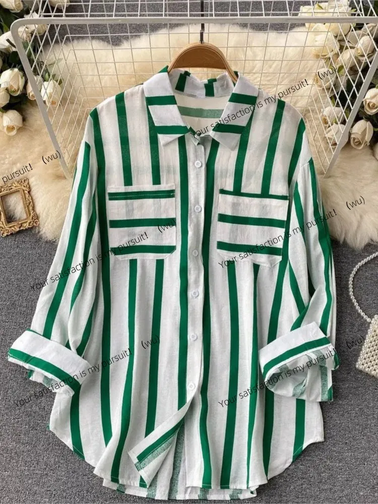 

ZOCI-Spring/Summer Striped Shirt Fashion Turtleneck Long Sleeve Button Top Shirt Casual Women's Holiday Loose T-Shirt New Shirt