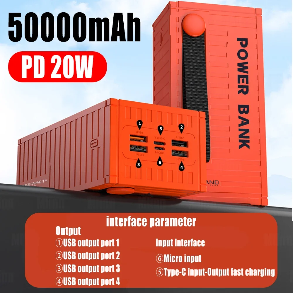 50000mAh Power Bank 66W Container Super Fast Charging Portable Powerbank for Huawei iPhone14 Xiaomi External Battery Charger NEW