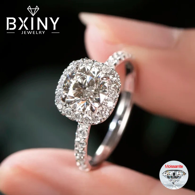 

BXINY 0.5/1/2/3CT Moissanite Ring S925 Silver D Color VVS Diamond For Women Square-shape Halo Wedding Band Jewelry GRA Certified