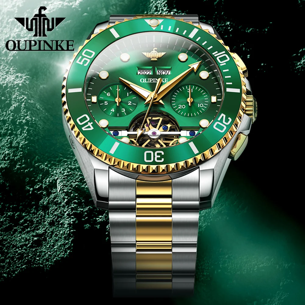 OUPINKE Sports Diving Watches Top Luxury Original Chronograph Automatic Mechanical Watch for Men (Green Water Ghost Series) 3229