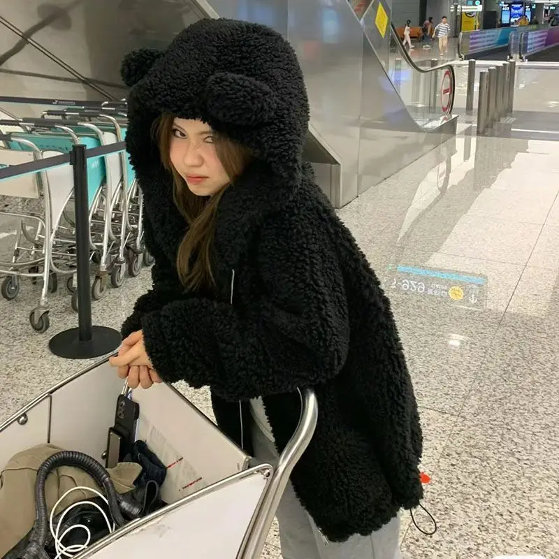 2025 جديد لطيف فتاة آذان الدب الصغير تقليد صوف الضأن سستة معطف مقنع جمع موضة غير رسمية اتجاهات متعددة الاستخدامات كسول الرياح