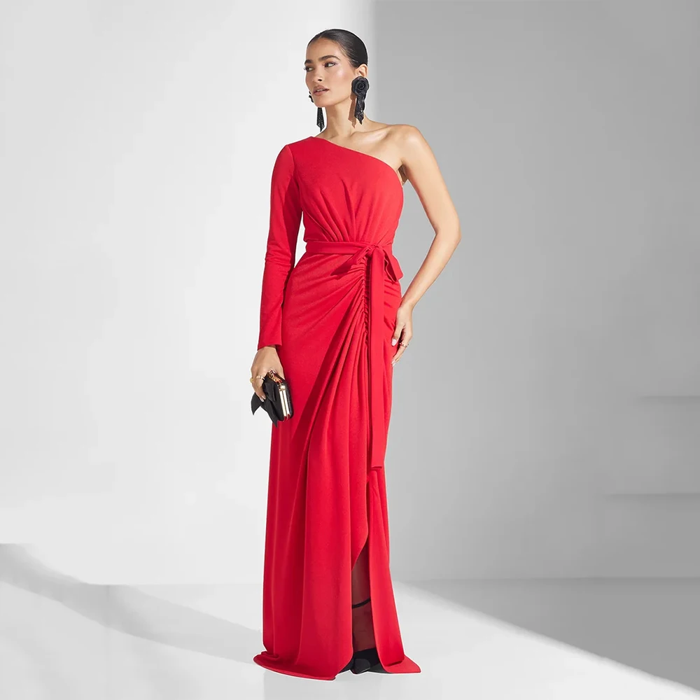 

One Shoulder Red Women's Evening Dress Mermaid Prom Dress Floor Length Formal Party Gown Long Sleeve Saudi Dress