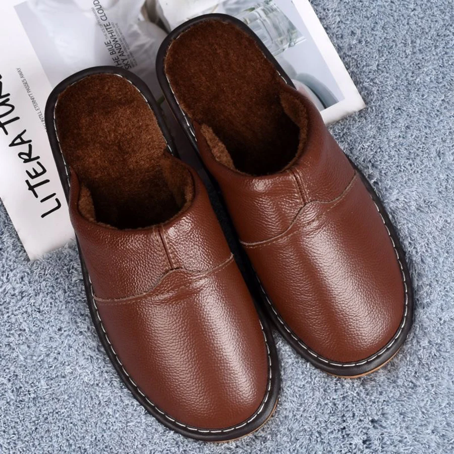 Mens Slippers Winter Leather Indoor Slipper Fashion Anti-Slip Comfortable Fur Home Shoes Male