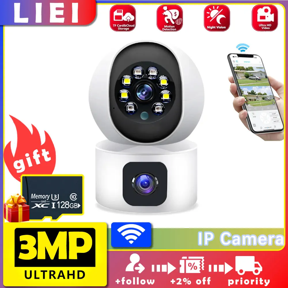 

LIEI 3MP WIFI 1080HD Dual screen Surveillance Camera Wireless Outdoor Security Two way IP Cameras AI Human Detect CCTV Camera