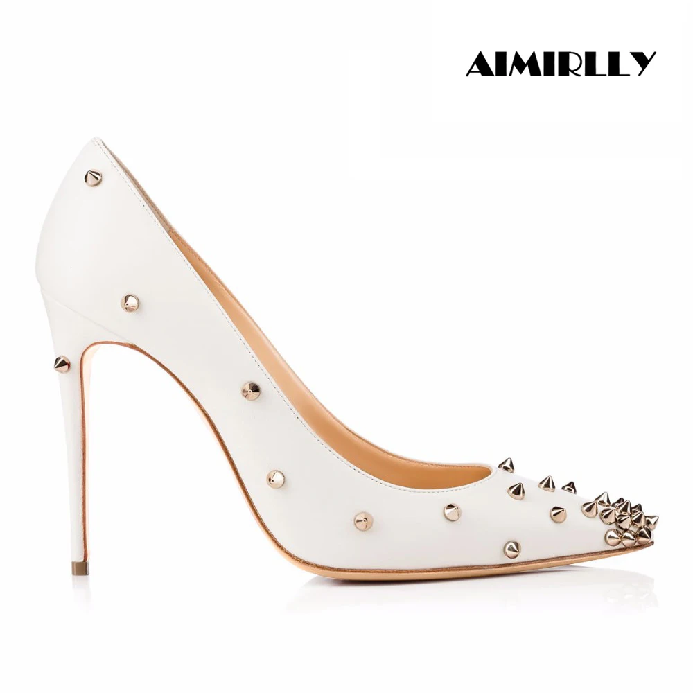 

2024 Fashion Women's High Heels Luxury Design Studs Pointed Toe Stilettos Pumps Ladies Party Wedding Heels Customized White