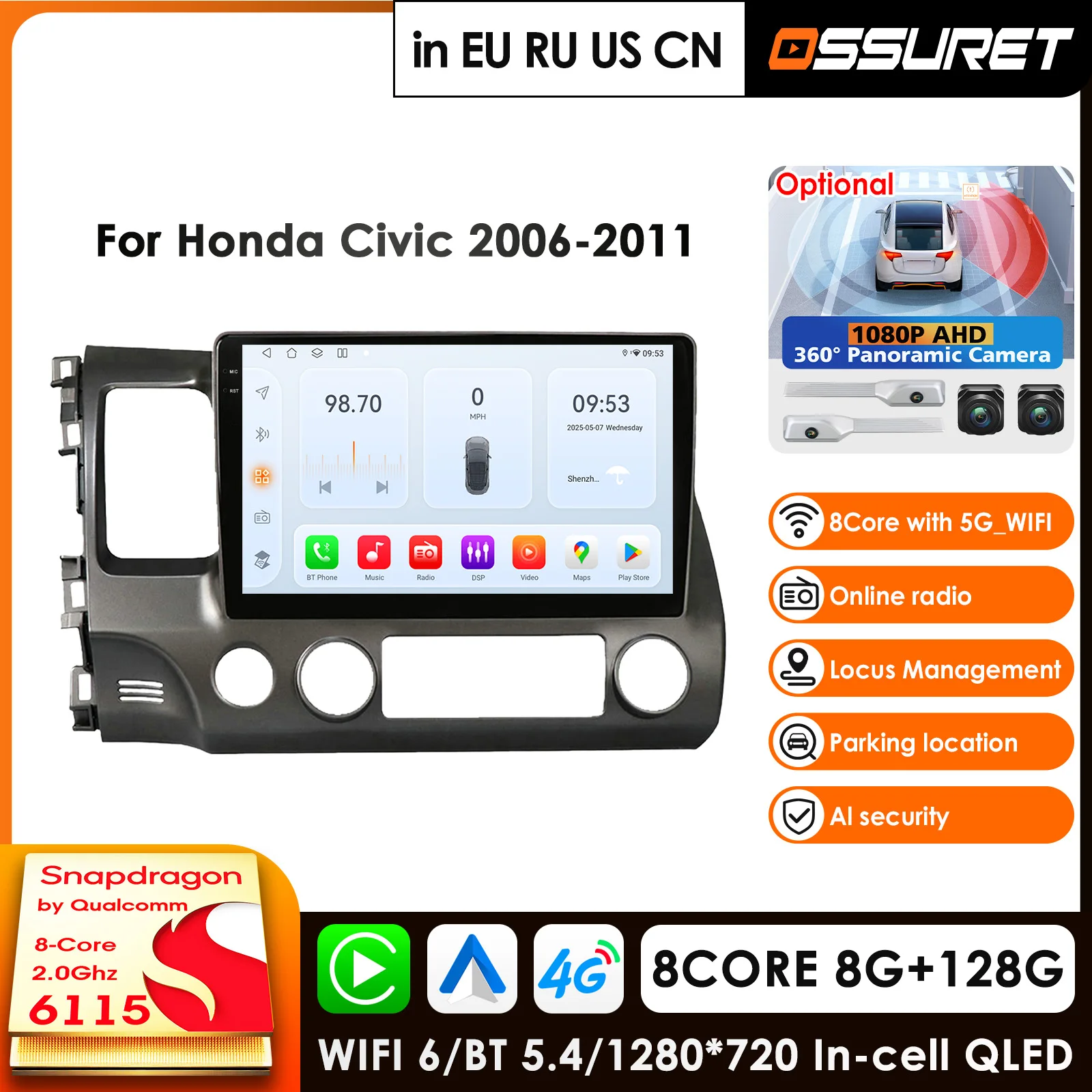 6115 System Android Car Multimedia Player For Honda Civic 8 2006 - 2011 GPS Carplay 4G AI Intelligent Screen Autoradio 360Camera