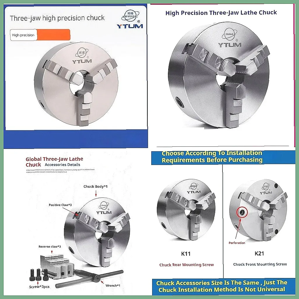 

3-Jaw Self-Centering Hydraulic Lathe Chuck, 125mm (K21-125) for Wood & Metal Drilling, Pneumatic/Mechanical