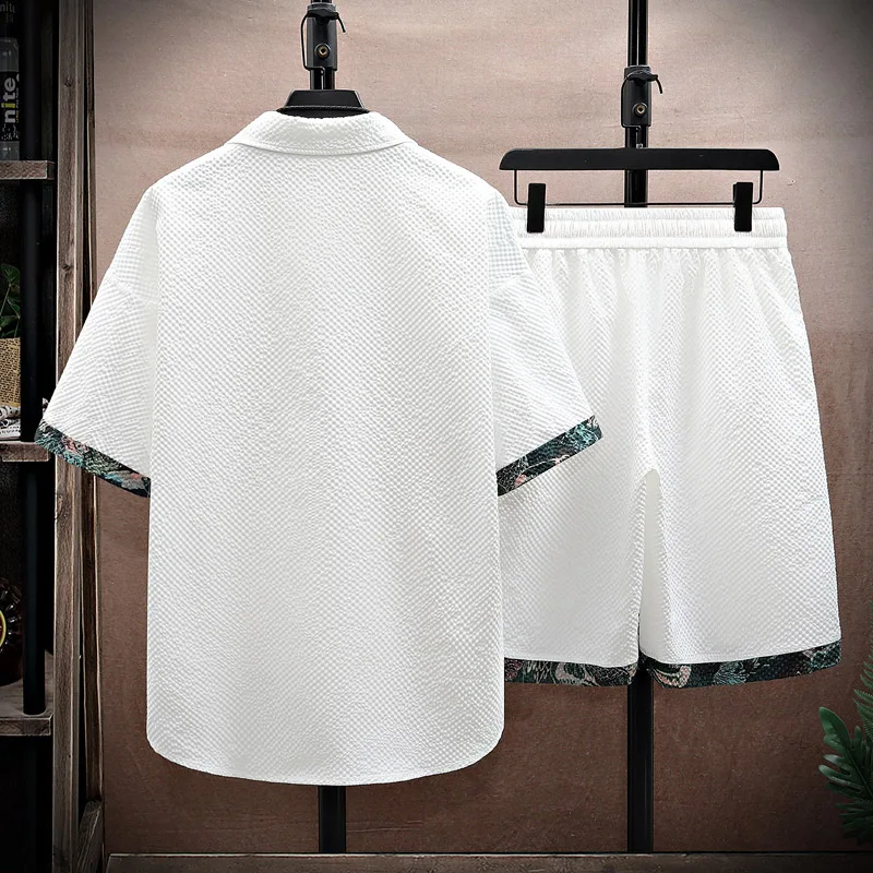 

2025 Summer New Ice Silk Bubble irt Men's ort Sve Hanfu Tang Costume Two-Piece Set Casual Sports Suit Polyester Fiber