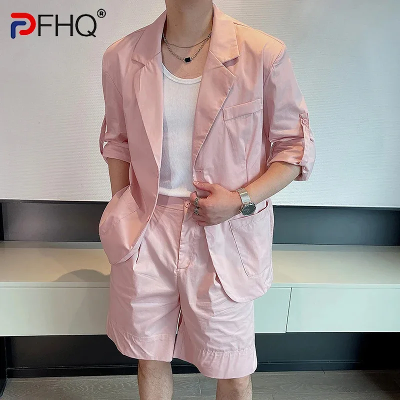 PFHQ Men's New Thin Casual Suit Shorts Two-piece Set Trendy 2024 Solid Color Long Sleeve Casual Korea Fashion 21Z5324