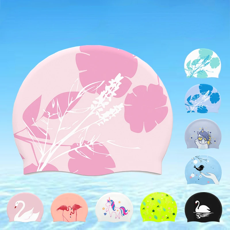 

Adult Printed Silicone Swimming Cap Women Waterproof Ear Protecton Long Hair Swimming Hat Beach Pool Accessories