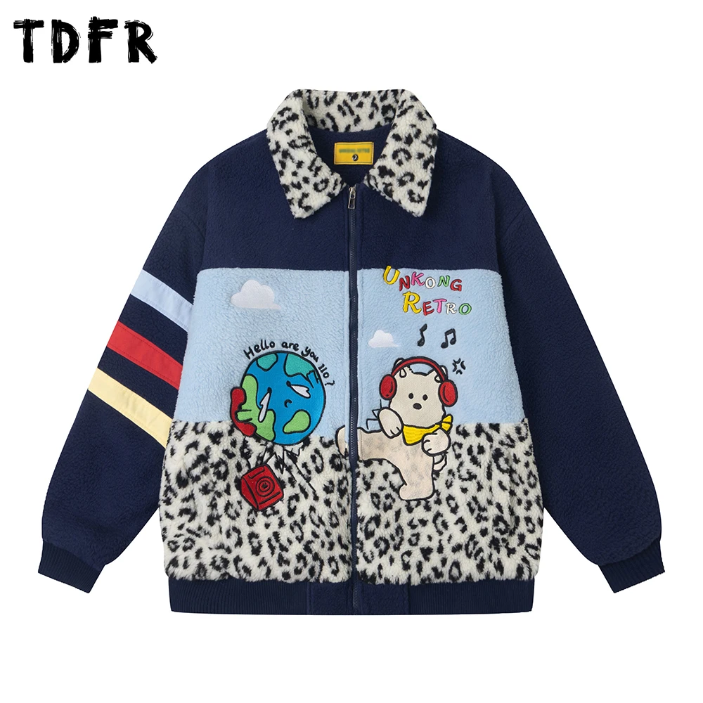 

Cartoon Embroidery Sherpa Quilted Jacket Mens Color Block Winter Spliced Lapel Thick Long Sleeve Outerwear Man