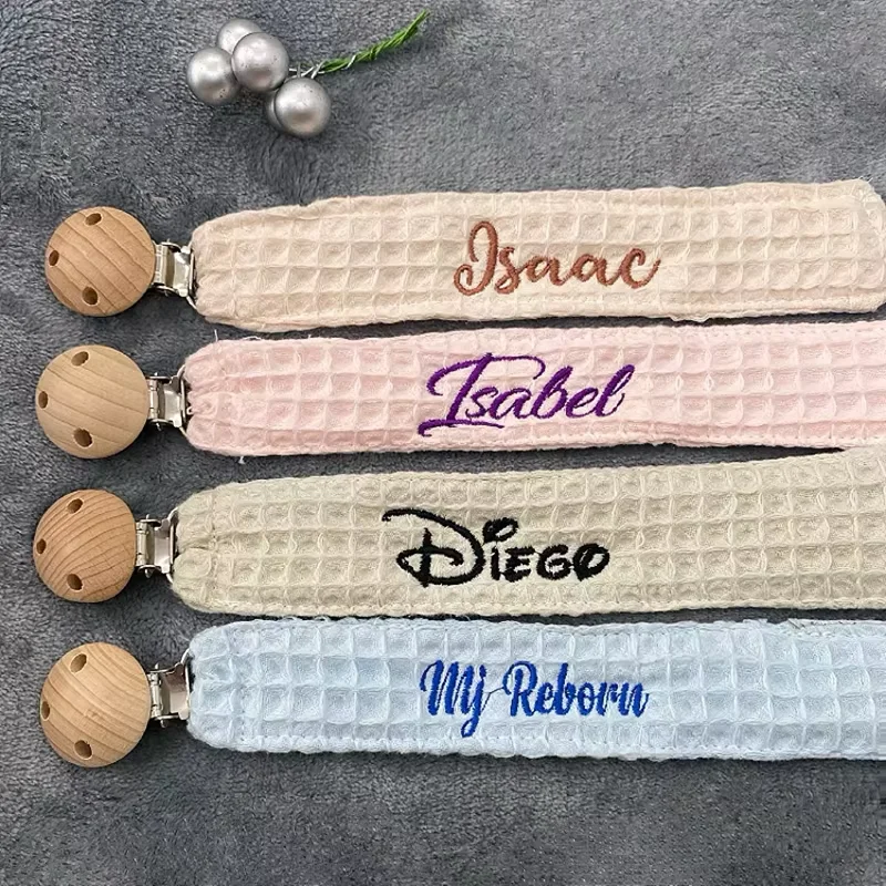 Embroidery Baby Name Pacifier Clip Holder with Wooden Clip Fabric Pacifier Clip for Baby Shower Gift image 4