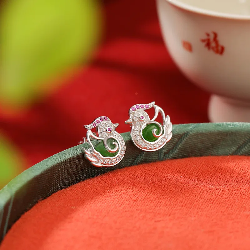 S925 Silver Hetian Jade New Style Mandarin Duck , Elegant Earrings
