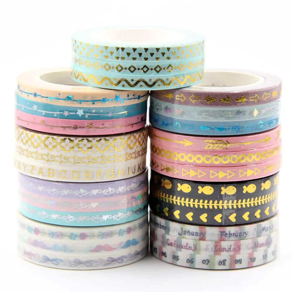 New 5mm Gold foil washi tape set arrows, hearts, stars designs colorful slim washi tape 3 rolls/per lot length 10mm