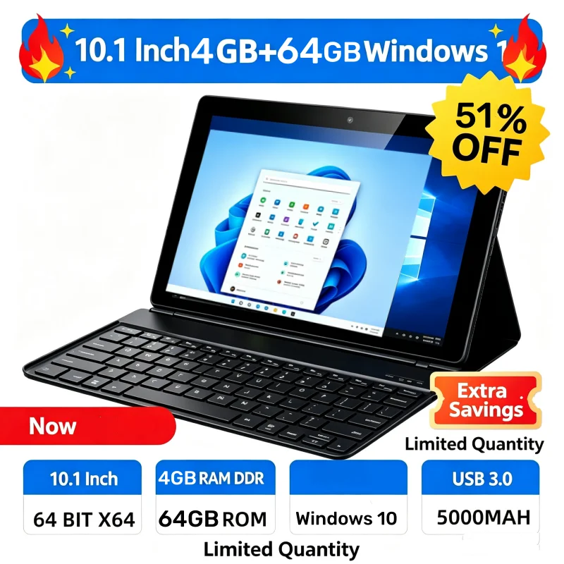 10.1 Inch 4GB RAM 64GB ROM DS102 Tablet PC 64 Bit Windows 10 Z8300 CPU Quad Core HDMI-Compatible