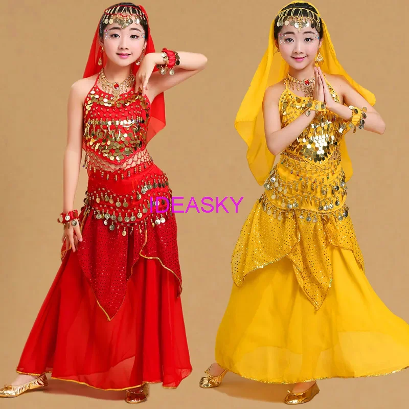 5pcs bollywood oriental belly dance costumes set professional girls kids Child wear clothes sari indian dress bellydance dancing