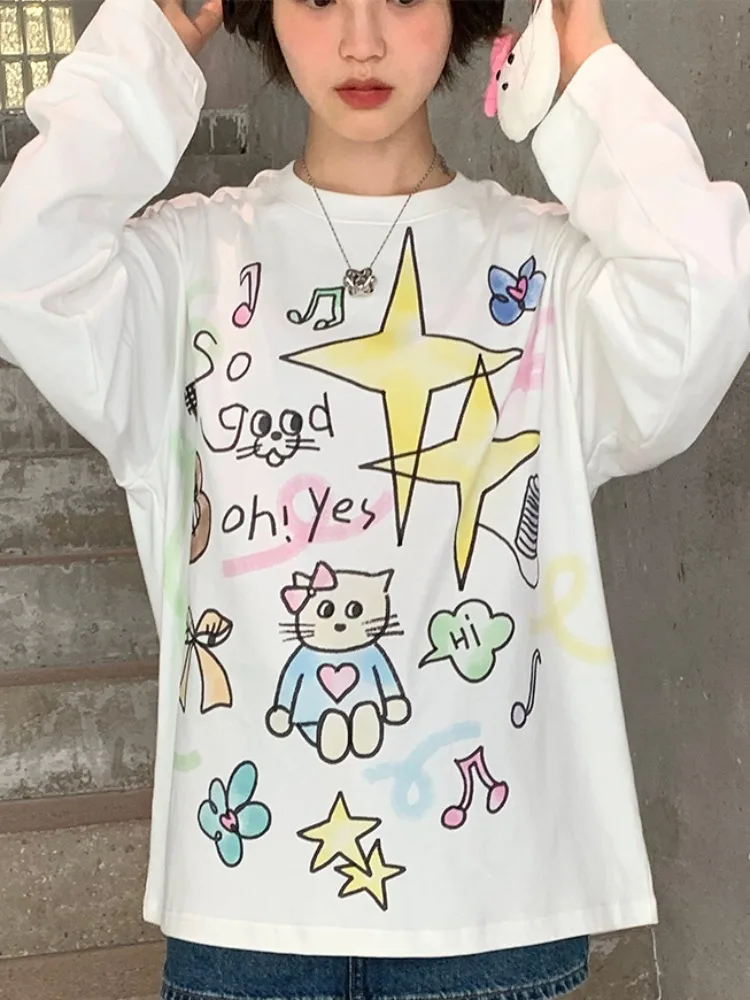 Deeptown Kawaii Cute Oversize White Tshirts Women Y2k Japanese 2000s Style Cartoon Graphic Long Sleeve Tshirts Coquette Tops