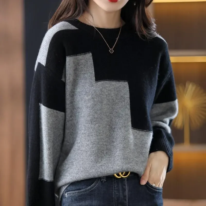 2022 New Autumn Winter Color Blocking Loose Sweaters Women Interior Lapping Classic Office Long Sleeve O-collar Keep Warm Top