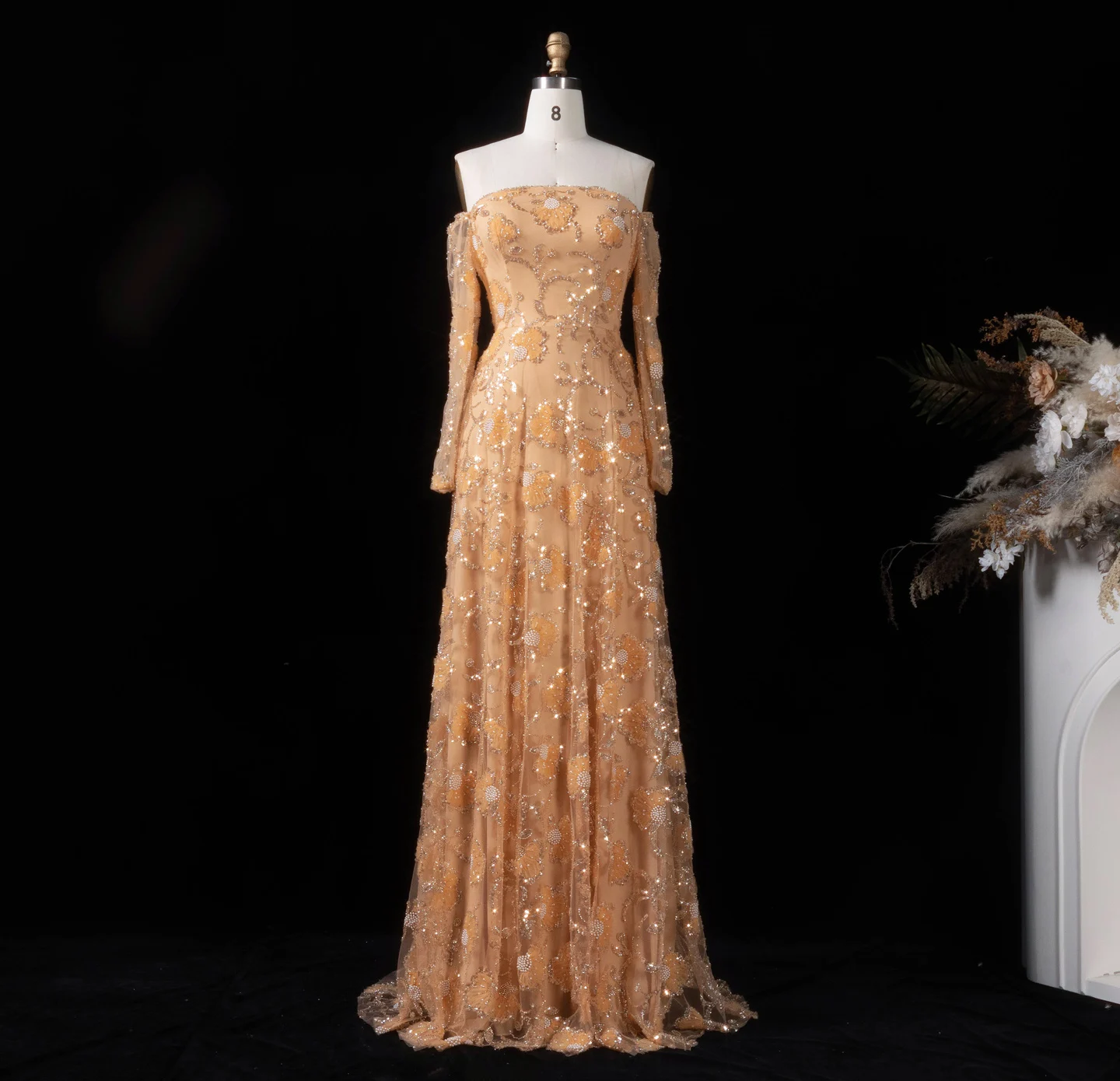 Sharon Said Rosa Elegantes Schulterfreies Abendkleid mit Langen Ärmeln für Damen, Hochzeit, Perlenbesetztes Formelles Ballkleid, SS638 Maßanfertigung – Detail 21