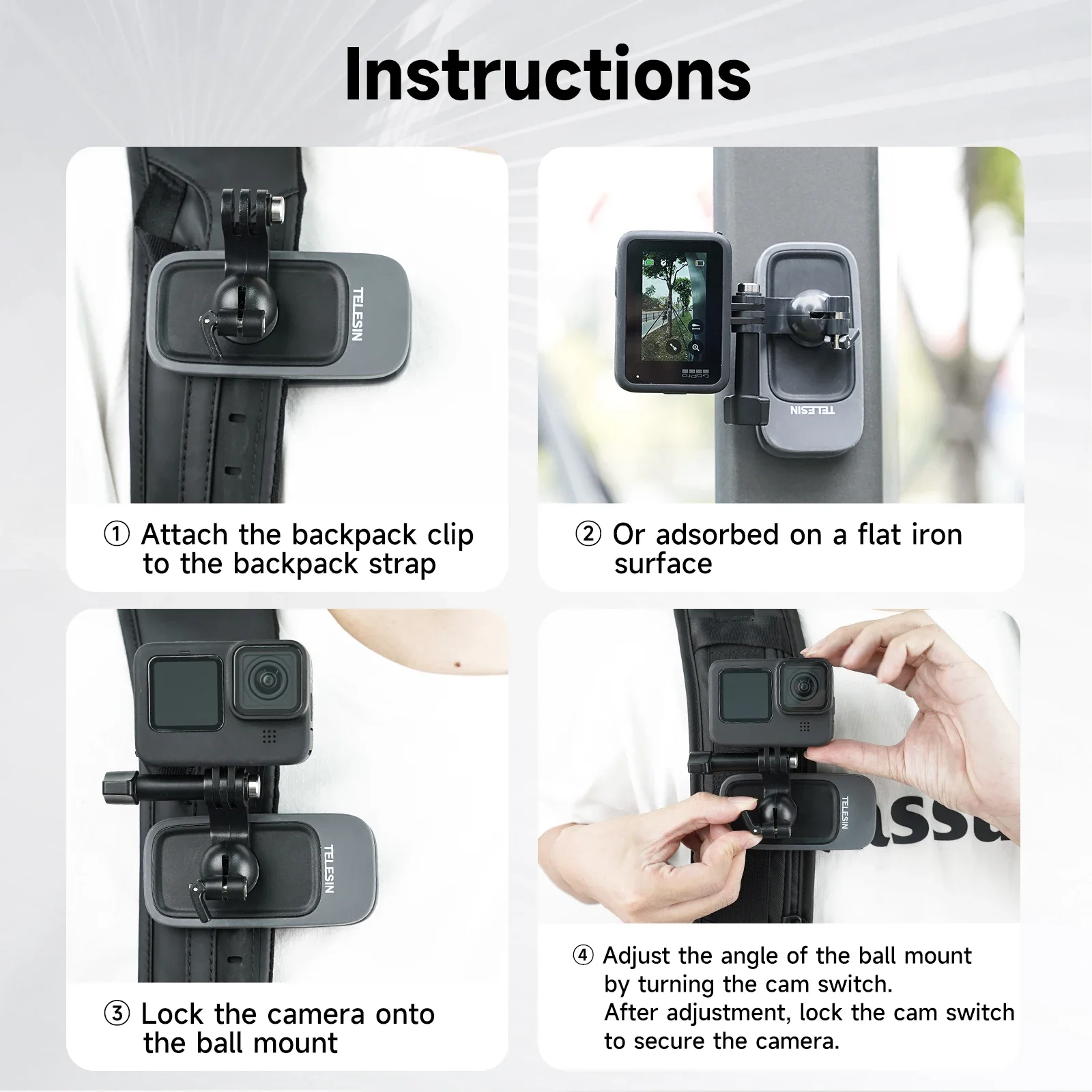 TELESIN Magnetic Swivel Clip for GoPro Hero 13 12 11 10 9 8 7 Insta360 DJI Action 5 4 3 Magnetic Base 360 Rotation Backpack Clip