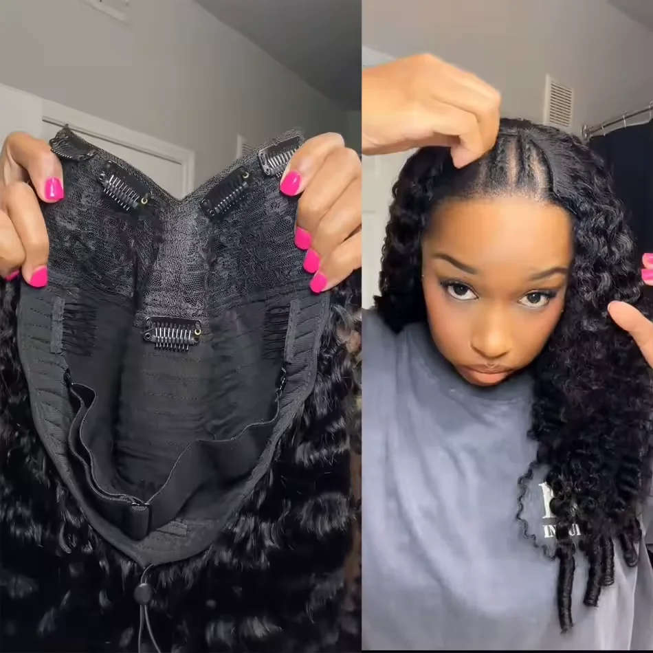 Invisible Drawstring Burmese Curly Wigs Human Hair 250 Density Vpart Wig Human Hair Wear Go Half Wig Burmese Curly Hair Wig