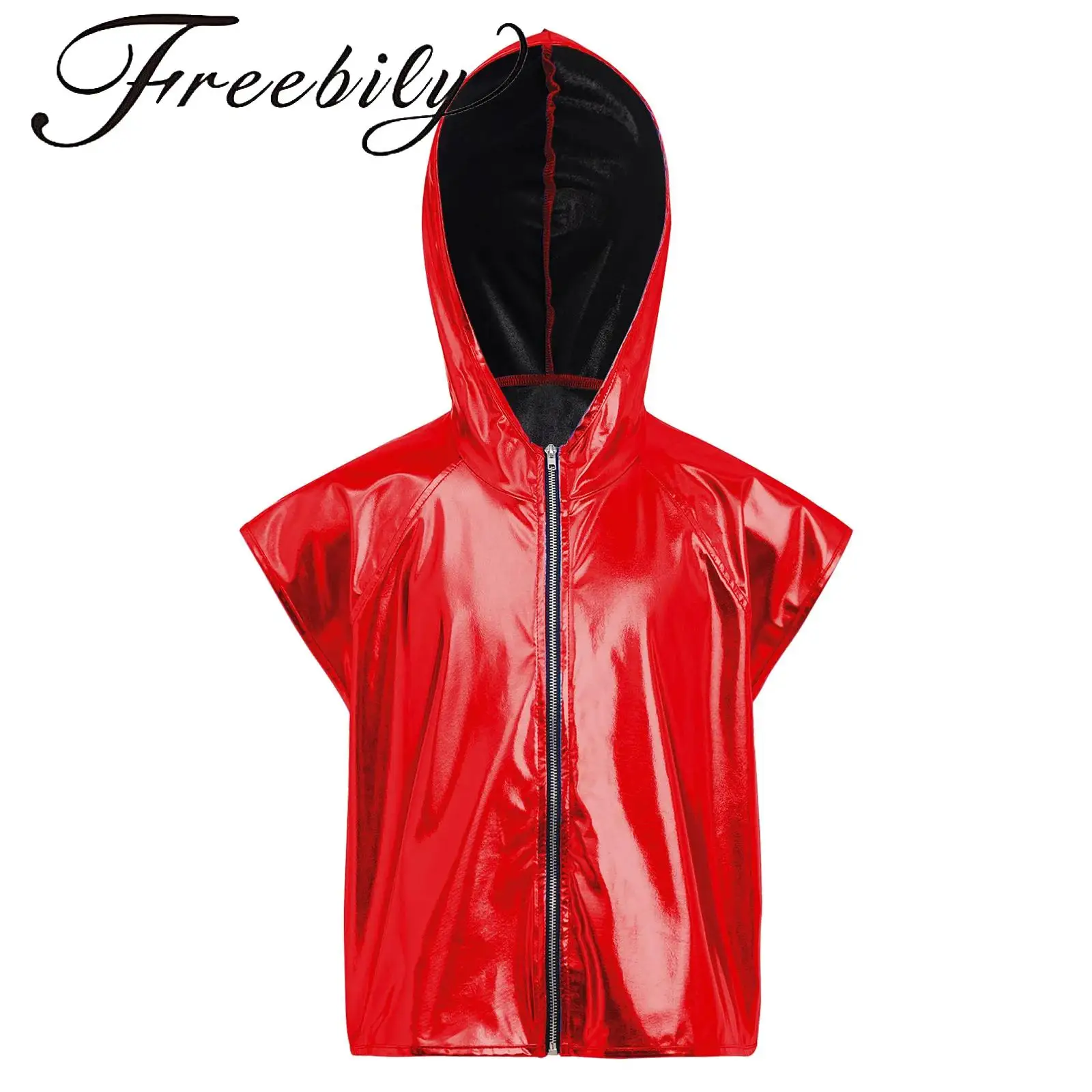 

Kids Unisex Metallic Hooded Vest Sleeveless Zipper Shiny Hoodie for Boys Girls Jazz Dance Stage Performance