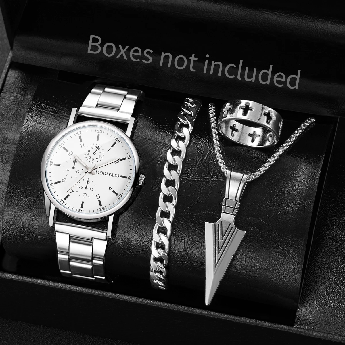 4PCS Fashion Men Business Watches Jewelry Set Casual Analog Quartz Wristwatch for Man Clock Reloj Hombre（Without Box）