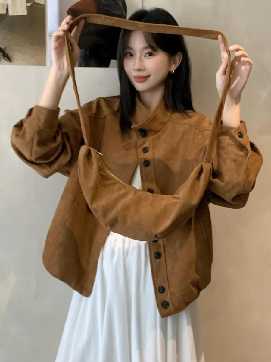 Retro Baseball Style Motorcycle Jacket Women's Fashionable Loose Deer Skin Velvet Winter Coat Korean Style Streetwear