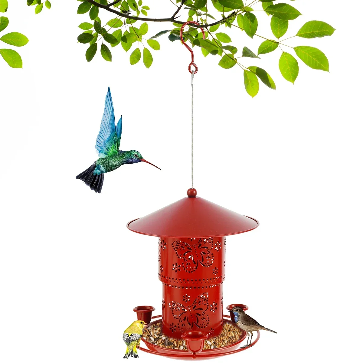 Metal Bird Feeder 32oz Adjustable Hummingbird Feeder with 3 Water Cups and S Hook Weather-Resistant Outdoor Hanging Wild Bird