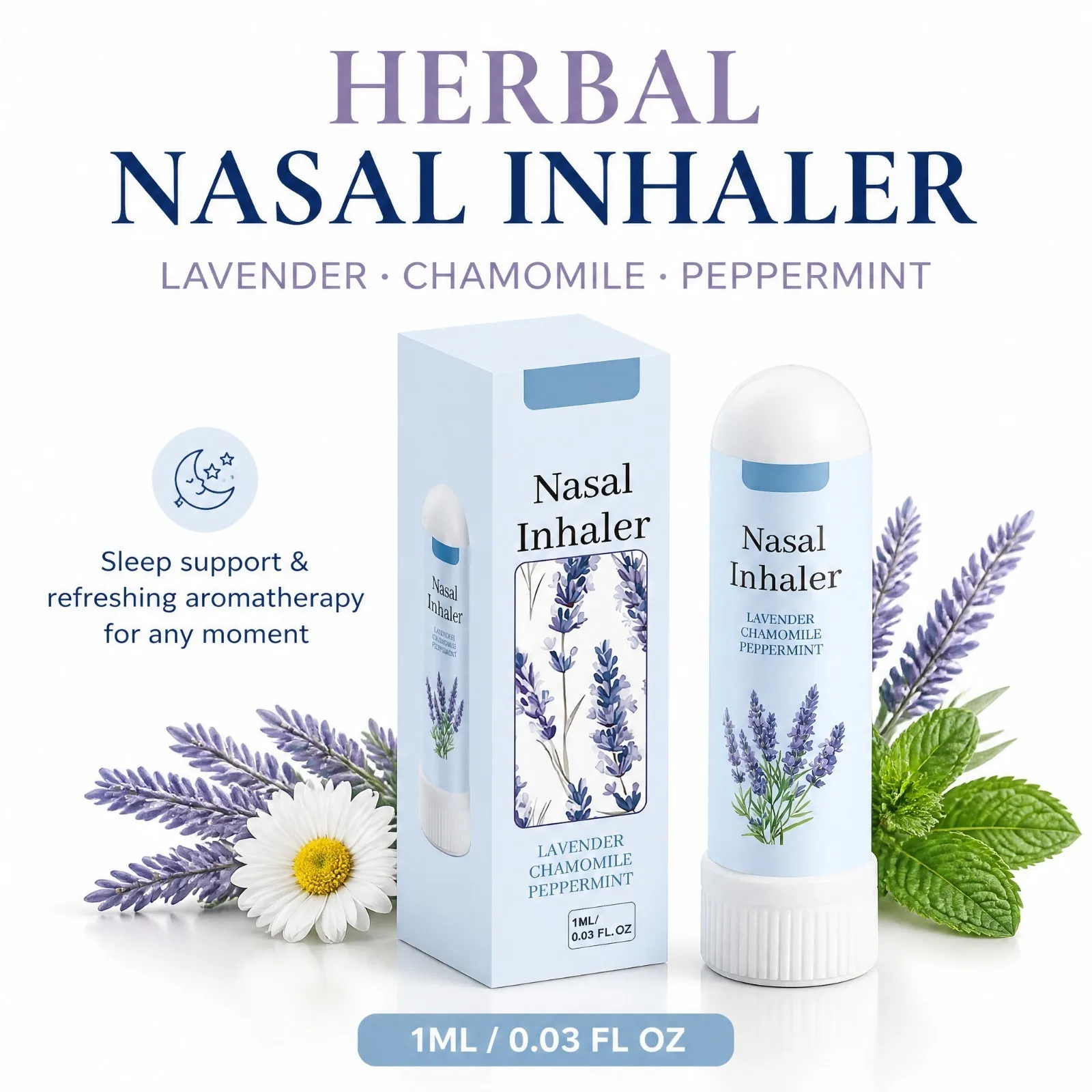 Lavender Herbal Nasal Inhaler Stick Chamomile Mint Aromatherapy for Sleep Support Refreshing Portable Alcohol Free Daily Use