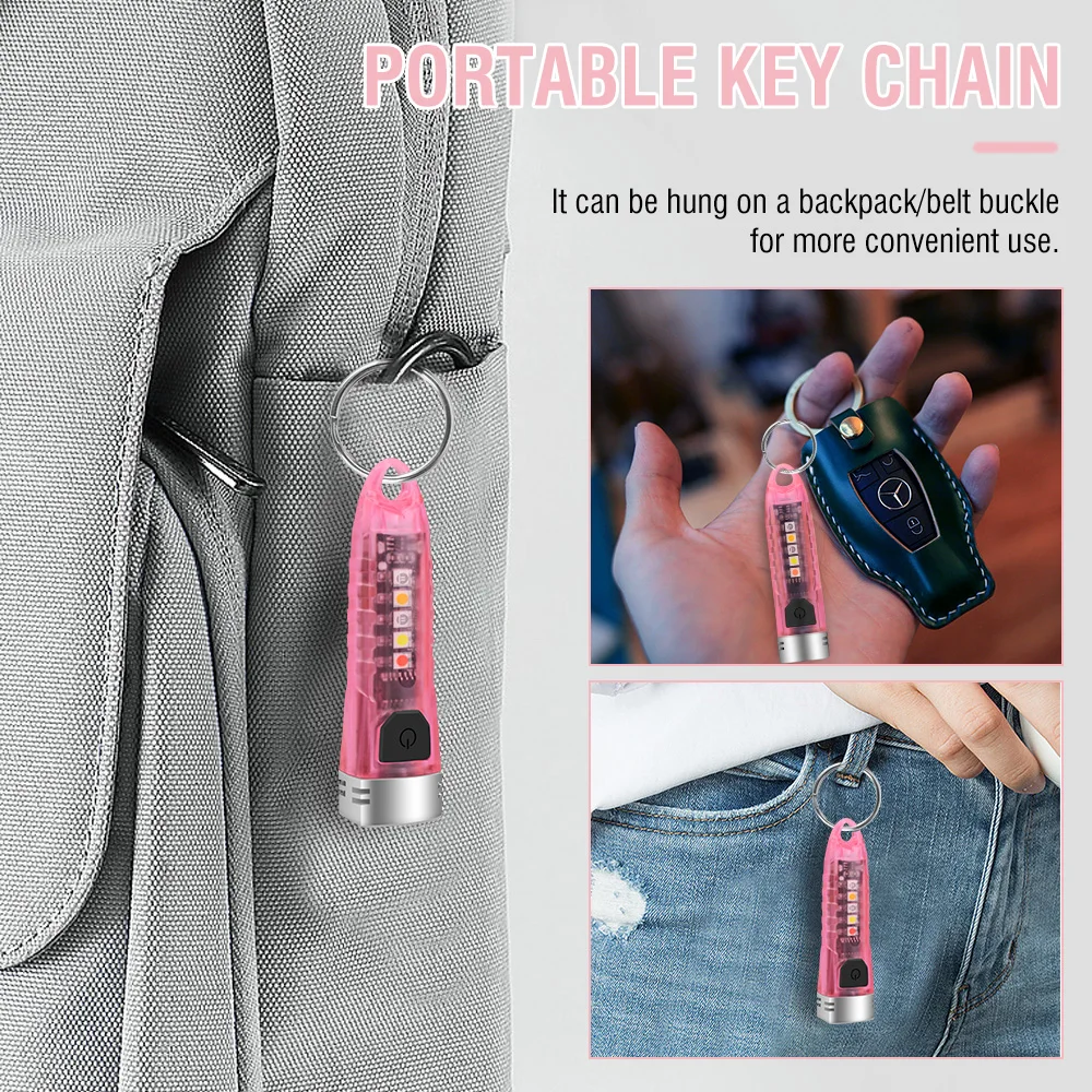 BORUiT V1 Keychain Flashlight Type-C Rechargeable Torch PINK Portable Mini Work UV Light Waterproof Pocket Camping Lantern