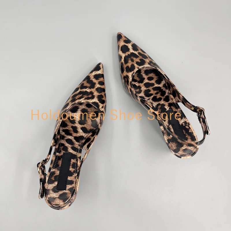 Retro Flower Green Leaf Print Sexy Leopard Print Wrapped Pointed Toe Stylish Sandals Slingback Back Strap Kitten Heel Sandals