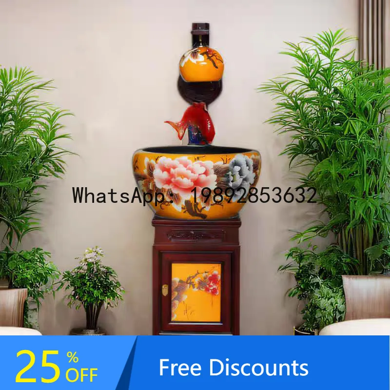 

LYY Jingdezhen Ceramic Fish Tank Living Room Ornament Cabinet-style with Light Landscaping Humidifier Floor-standing Fish Bowl