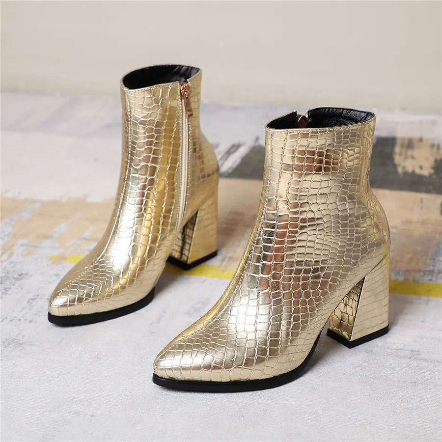 Wysokiej jakoลci damskie botki wysokie kwadratowe obcasy czerwone czarne tekstura skรณry krokodyla zimowe Party Office Lady Pointed Toe Zipper