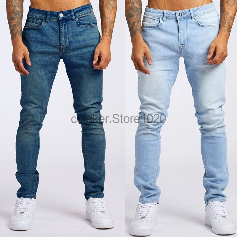 

Новые мужские джинсы, однотонные эластичные узкие эластичные брюки-карандаш, модные узкие джинсовые джинсы для бега, мужские повседневные брюки, уличная одежда