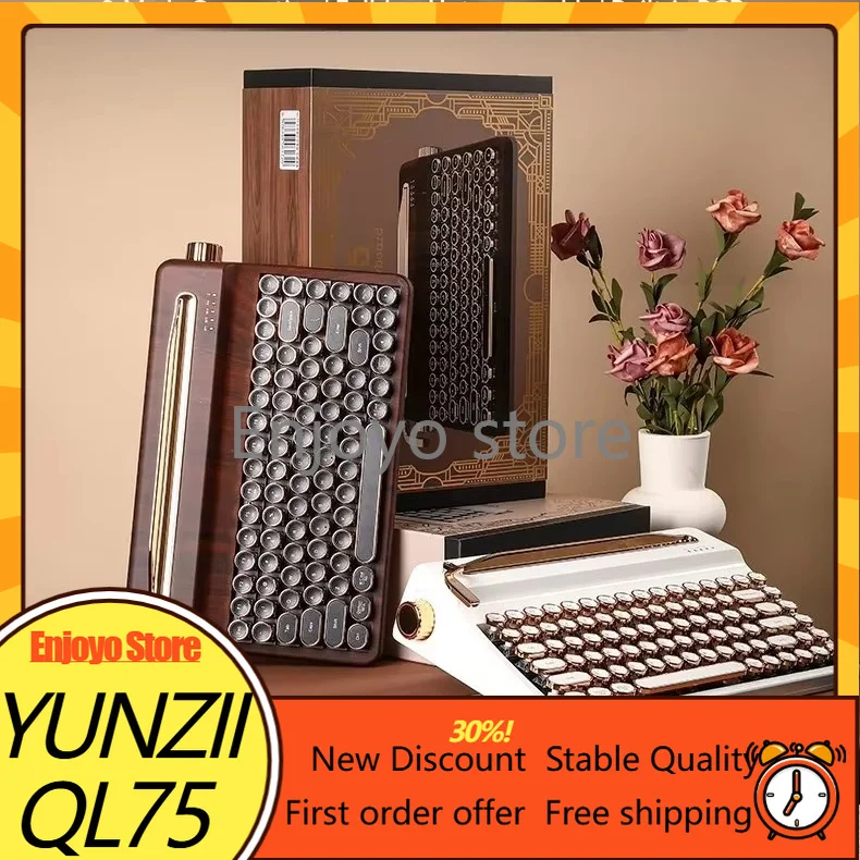 YUNZII QL75 Retro Typewriter Mechanical Keyboard, 75% 84-key Tri-Mode Wireless, Hot Swap,Programmable Keyboard for Office & Gift
