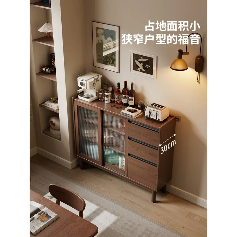 Solid wood dining side cabinet, small apartment 30CM ultra-thin locker, walnut color ultra-narrow