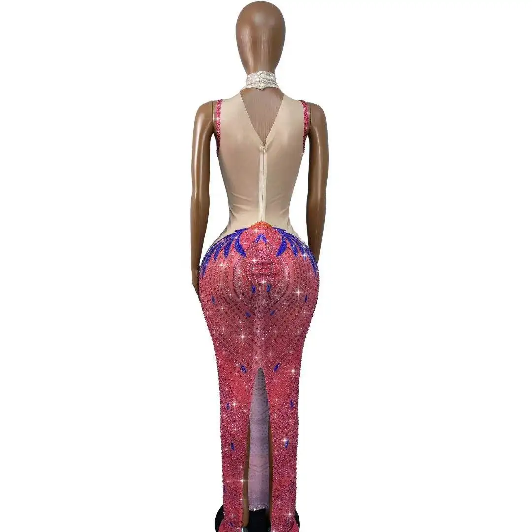 Luxurious Evening Twinkling Rhinestones Mesh Sexy Dress Party Prom Exquisite Gown Show Red Carpet Photo Shoot Stage Outfit