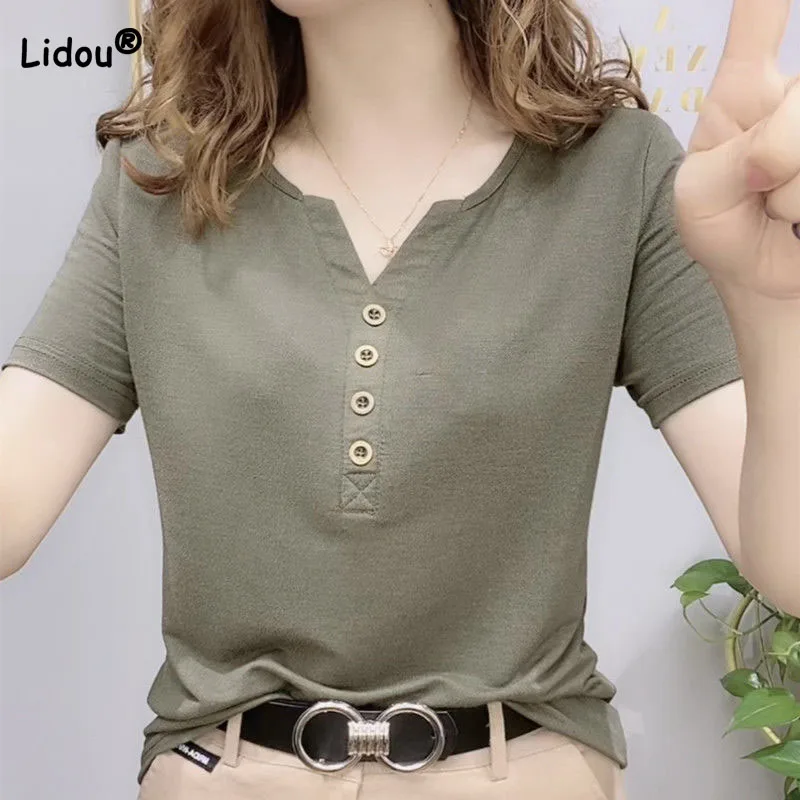 

Fashion Casual Button Spliced Solid Color T-shirt for Female Korean All-match V-Neck Short Sleeve Tops Summer Women's Clothing