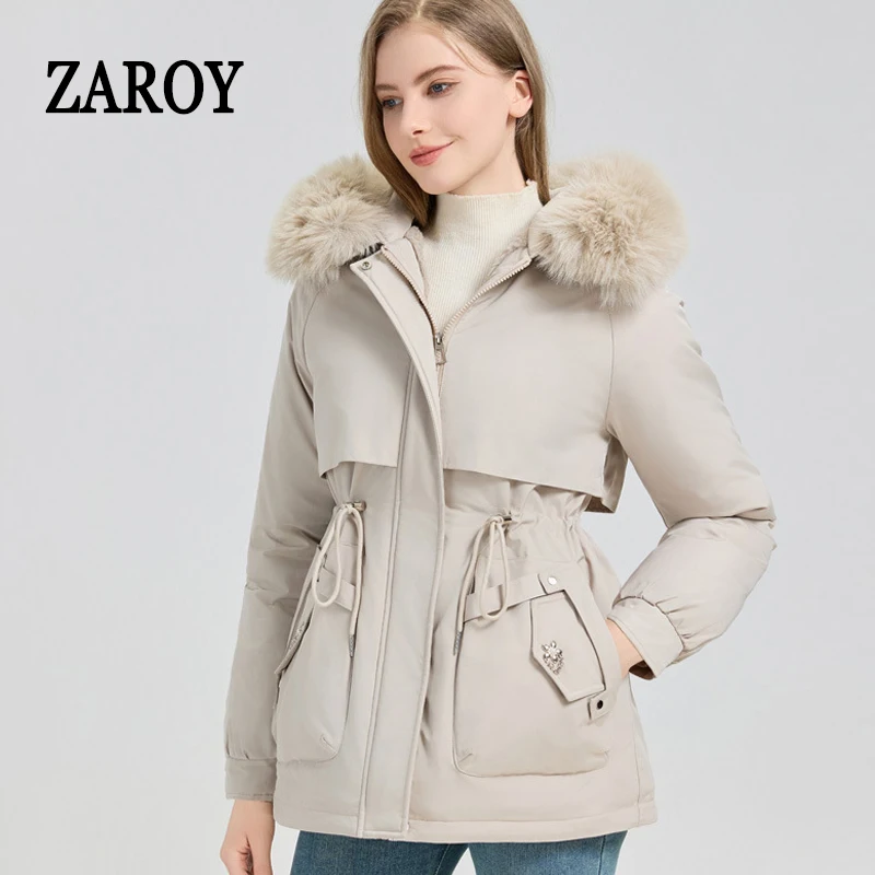 

ZAROY Winter Fur Collar Hooded Parka Jacket Thick Warm Padded Coat Casual Loose Zipper Drawstring Overcoat куртка 겨울 아
