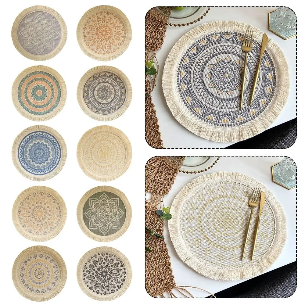 Bohemian Braided Weave Round Woven Placemats Heat Resistant Non-Slip Bohemian Placemat Tassel Jute Placemats Kitchen Table