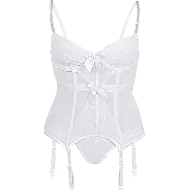 Black Floral Lace Sexy Lingerie Corset Push Up Bustier Straps Women Sleepwear Nightwear Chemise Underwear With Suspenders