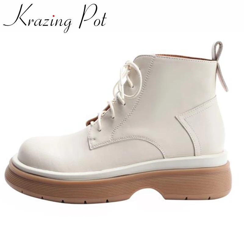 Krazing Pot Cow Split Leather Round Toe Med Heels Modern Boots Platform Oriental Neutral Sewing Thread Cross-tied Ankle Boots