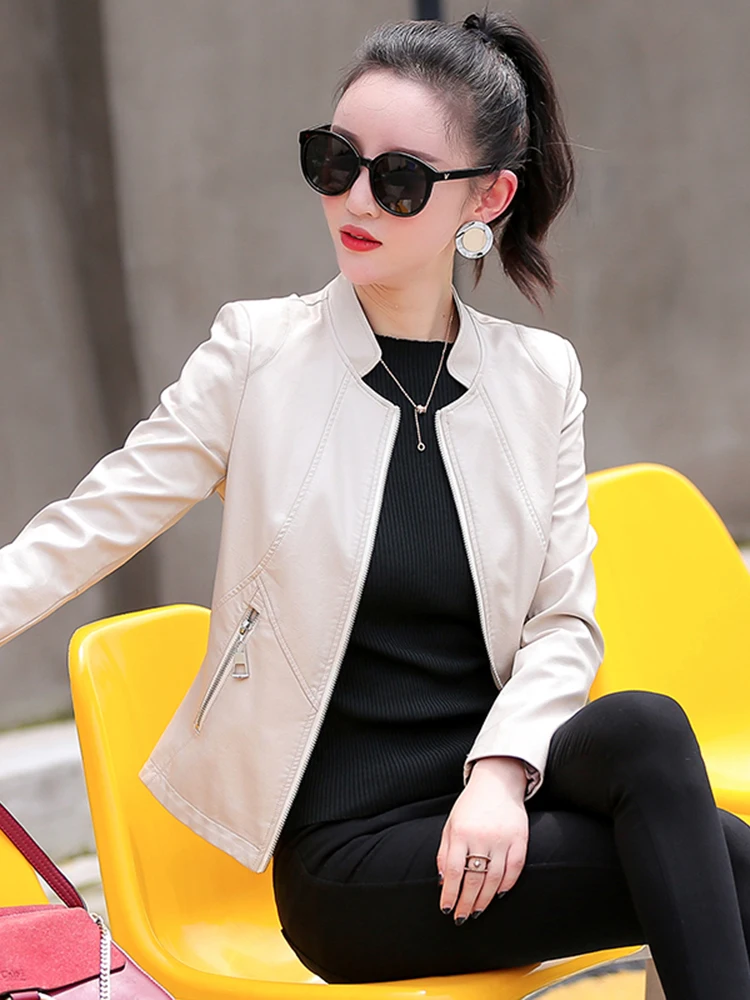 세련된 슬림핏 양가죽 가죽 자켓 여성용 한국 버전 봄 가을 신상 지퍼 디자인 콤모던 스타일