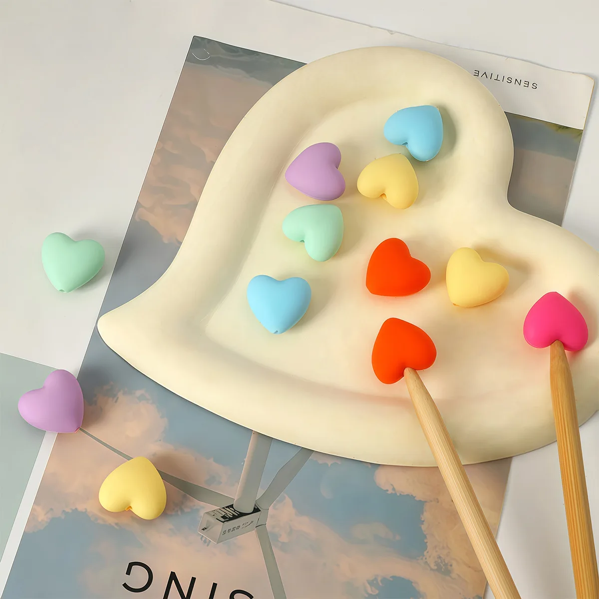 6pcs/set Heart Knitting Needle Point Protectors Multicolor Stitch Needle Tips Stoppers Silicone Needle Caps Knitting Accessories