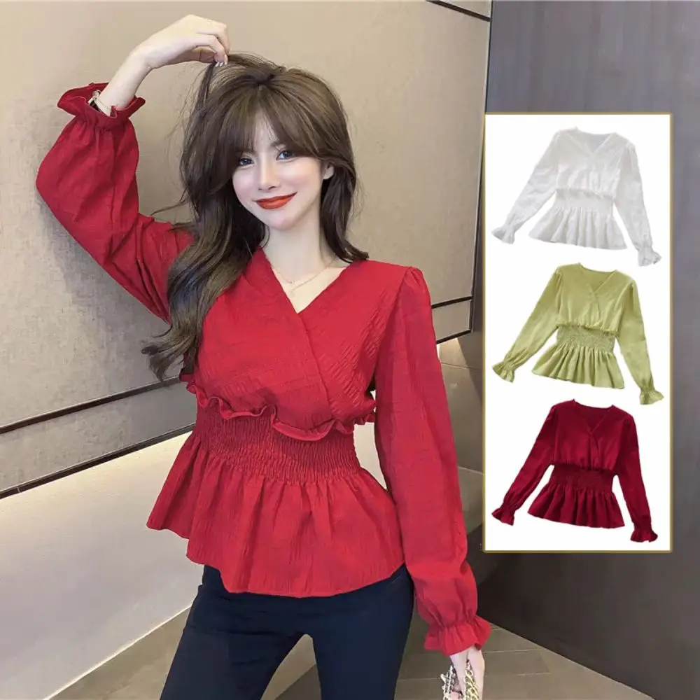 

Elegant V-neck Chiffon Thin Shirt Solid Color Ruffled Edge Chiffon T Shirt Women Long Sleeve Slim Fit Ladies Tops Spring Autumn