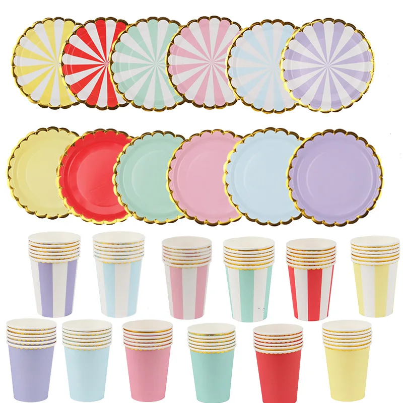 Einweg-Party-Pappteller und -Becher, Geburtstagsdekoration, Bunte Geschirrsets für Babyparty, Hochzeit, Camping und Picknick