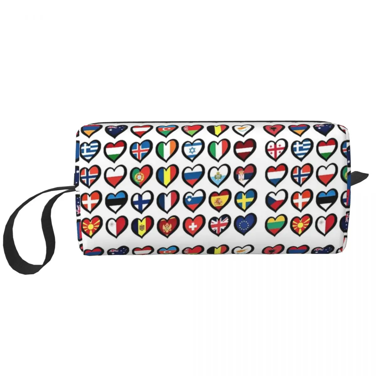 Eurovision Song Contest Flags Hearts Makeup Bag Cosmetic Organizer Storage Dopp Kit Toiletry for Women Beauty Travel Pencil Case