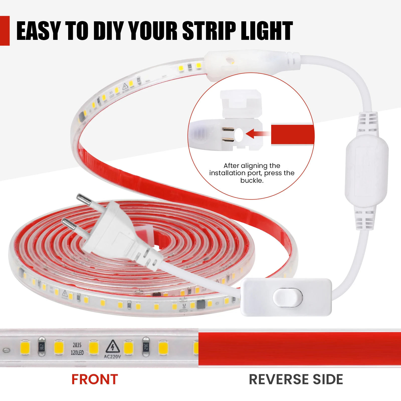 Taśma LED AC 220 V z układem scalonym 2835 120 diod LED Elastyczna taśma LED z taśmą samoprzylepną Wodoodporna lampa w paski do wystroju domu 0,5-40